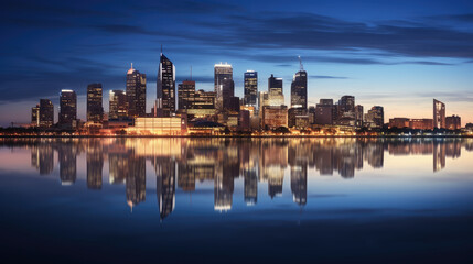Naklejka premium Serene Dusk Cityscape with Reflective Waterfront