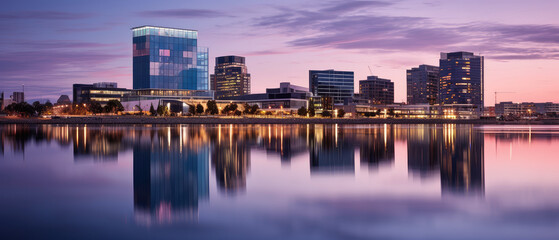 Fototapeta premium Urban Twilight: City Skyline and Water Reflections