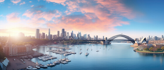 Obraz premium Sydney Harbor Panoramic Dawn: Urban Beauty Unfolds