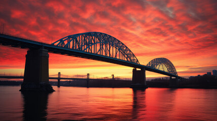 Obraz premium Majestic Sunset Over Arched River Bridge
