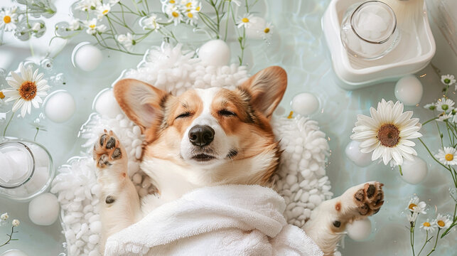 A 3D cute Corgi dog relaxing in spa salon hot sping water with white towel surrounded by white daisy flowers and light bubbles happily with joyful cute expression background