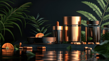 Gleaming Skin with Citrulline Malate Extract Surrounded by Stylish Supplements and Fitness Equipment