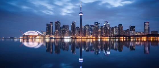 Fototapeta premium Serene Dusk: City Skyline Reflection on Water