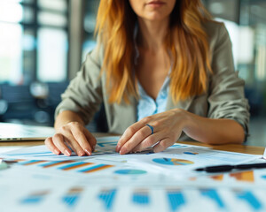 Fototapeta premium A businesswoman analyzing charts and graphs while strategizing on a project in a modern office setting.