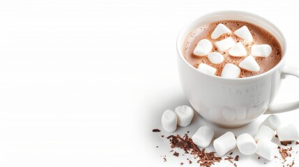 Steaming cup of hot chocolate with marshmallows, isolated on a white background, ample space for copy text