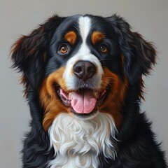 Fototapeta premium Close-up portrait of a happy Bernese Mountain Dog with a friendly expression.