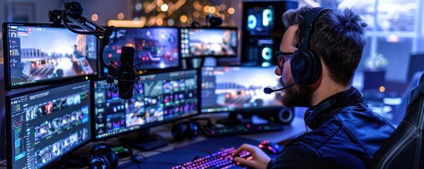 A focused gamer engages with multiple screens, immersed in a dynamic gameplay environment, showcasing modern tech and gaming culture.