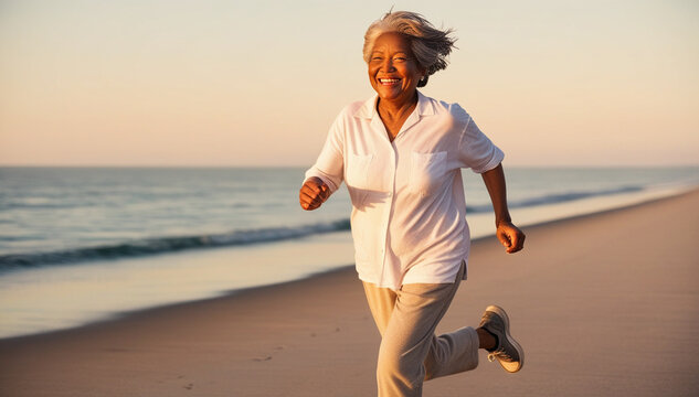 Happy african american senior woman running in white shirt along the shore of the beach. Older female doing sport to keep fit. Concept of healthy living in the elderly - Powered by Adobe