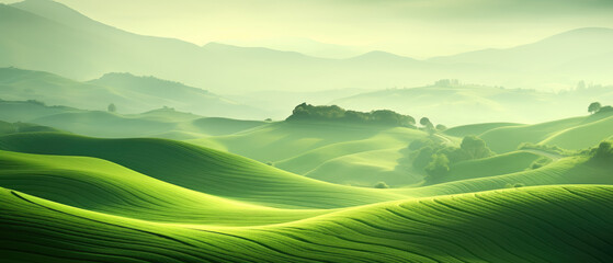 Obraz premium Lush Green Hills in Misty Morning Light