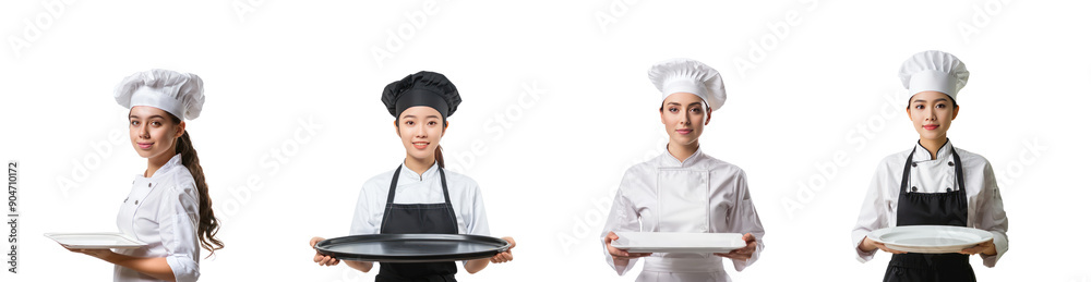 Wall mural pretty young female chef hand holding empty tray side view isolate on transparency background
