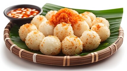 typical Indonesian food onde onde with toppings on a bamboo plate and banana leaves on a white background