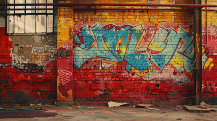 Vibrant painting of a red brick wall in an old factory, adorned with punk-style graffiti, showcasing bold colors and edgy designs