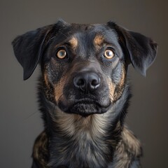 Obraz premium Close-up portrait of a mixed-breed dog with striking eyes and a glossy coat.