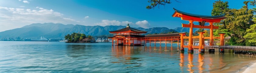 Beautiful Waterfront Torii Gate and Traditional Pavilion at Peaceful Lake in Japan During Clear Daylight