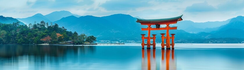 Serene Torii Gate Overlooking Calm Water Surrounded by Majestic Mountains at Dusk