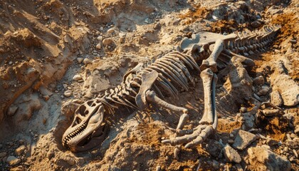 Naklejka premium Fossilized Dinosaur Skeleton Unearthed Amidst Rocky Terrain in a Remote Location