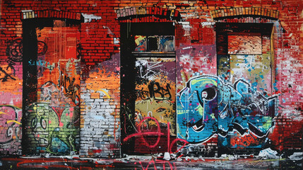 Fototapeta premium Vibrant painting of a red brick wall in an old factory, adorned with punk-style graffiti, showcasing bold colors and edgy designs