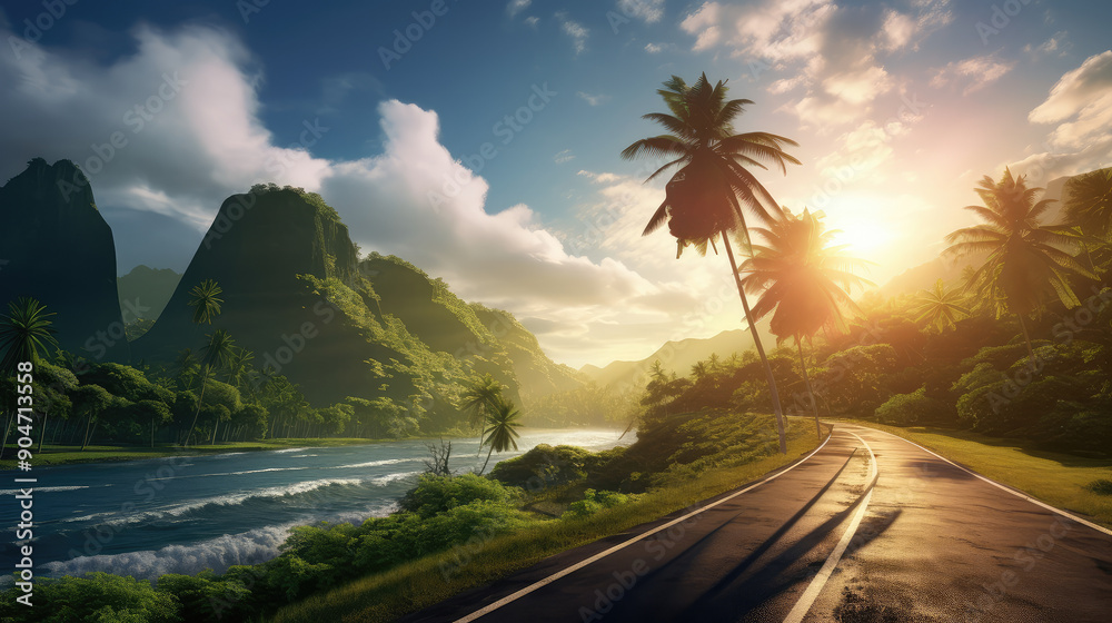 Sticker Scenic Tropical Road at Sunrise