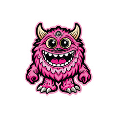 A cute, pink monster with a big smile, three eyes, and horns.