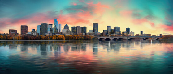 Naklejka premium Vibrant City Skyline at Sunset Reflection