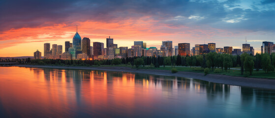 Fototapeta premium Stunning City Skyline at Sunset with River Reflection