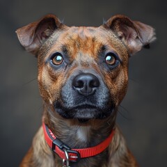 Close-up of a brown dog with a red collar, showcasing its curious expression.