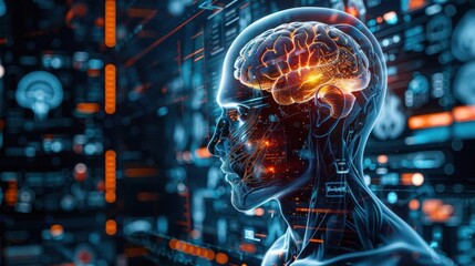 Futuristic representation of a human brain highlighting neural connections and technology integration in a digital environment.