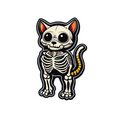 A cute, realistic full-body cat skeleton with large eyes and a tongue sticking out. The skeleton is standing on a black background.