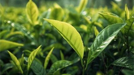 Green tea leaves in a tea plantation