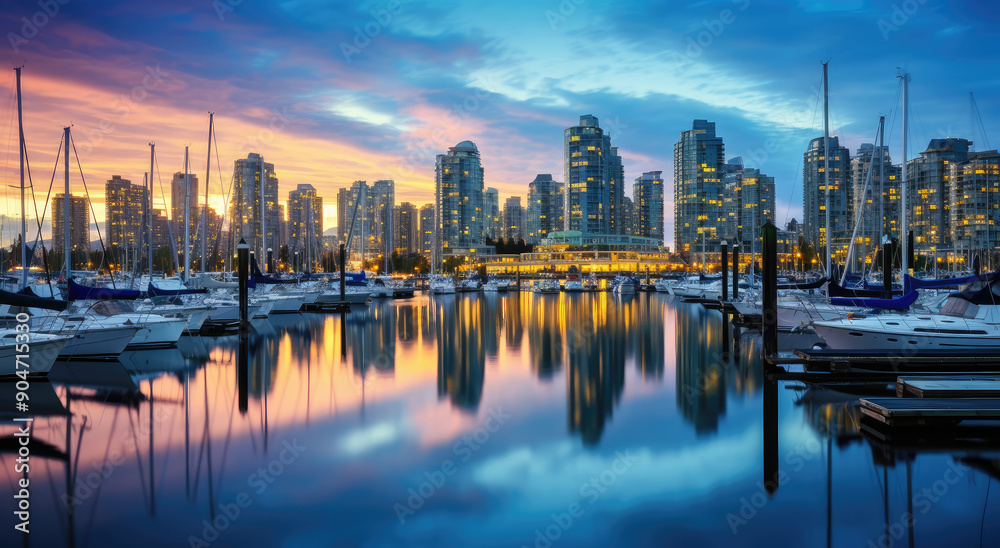 Sticker Vibrant City Skyline and Marina at Sunset