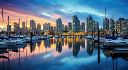 Obraz premium Vibrant City Skyline and Marina at Sunset