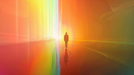 Fototapeta premium 3D digital landscape with a person walking on the horizon with rainbow colored gradient digital light stripes futuristic dreamy fantasy aurora technology background