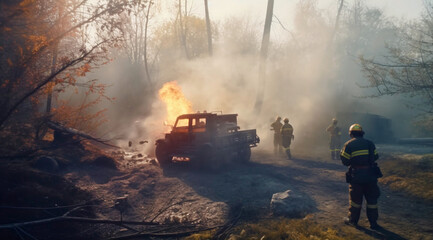 Fototapeta premium Firefighters on the background of a fire, created with Generative AI technology.