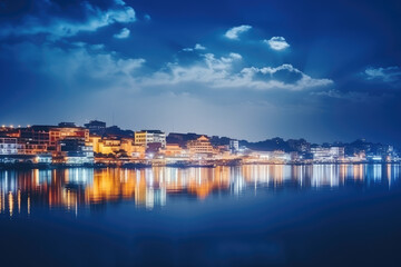 Obraz premium Serene Night Cityscape by the Lake