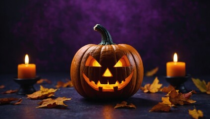 halloween pumpkin and candle  generative ai, halloween, pumpkin, orange, autumn, holiday, lantern, face, scary, 