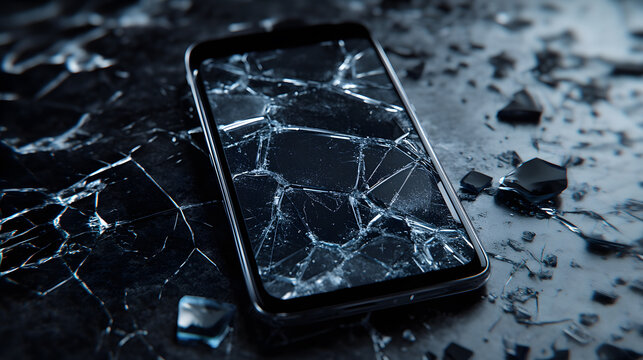 A smartphone with a severely cracked screen, the display is completely shattered.