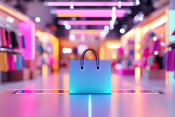 A blue shopping bag is placed on a table in a brightly lit room