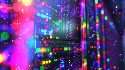 Obraz premium 3D computer server rack and engine room in holographic vibrant color neon lights pointilist style with futuristic rainbow colors background