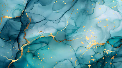 teal turquoise blue violet marble effect luxury abstract brush golden glitter lines watercolor background design.generative ai