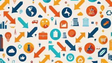 Diverse industry icons in a colorful collage with directional arrows, showcasing varied investment opportunities