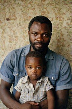 Retrato de um homem afro, de Angola, com seu filho no colo