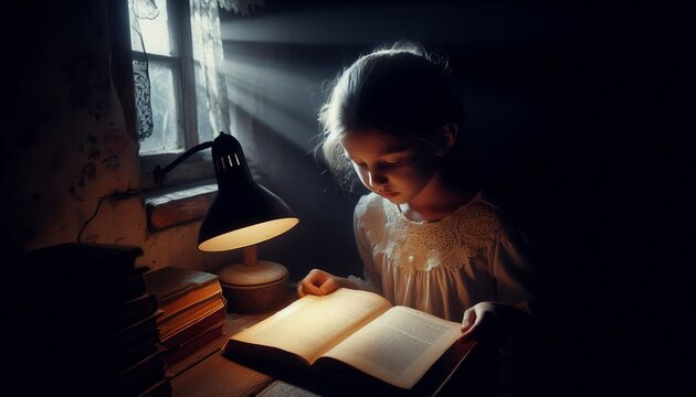 Menina lendo um livro &agrave; luz de um abajur  ao lado de uma janela.