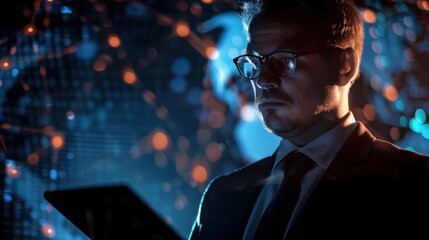 Businessman Using Tablet in a Tech Environment