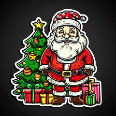 Obraz premium Cartoon Santa Claus with Christmas Tree and Presents