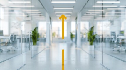 Futuristic office with transparent glass walls, arrows directing to vision and mission statements highlighted in modern fonts