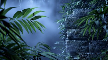 Deep, dark jungle at dusk, ancient stone ruins partially covered by dense foliage, emitting a mysterious, eerie vibe