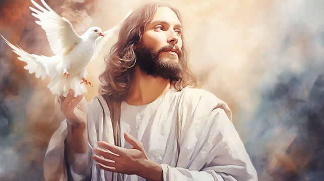 Jesus Christ and white dove as a symbol of the Holy Spirit, Watercolor style.