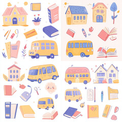 Obraz premium Hand drawn school icons set, a backpack with books and a pencil case on the left side of the drawing, a bus in the top right corner and a building at the bottom right. 
