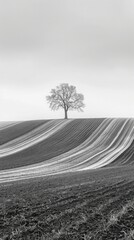 Naklejka premium A solitary tree stands on a serene hill, surrounded by gracefully curved furrows in a tranquil black and white landscape.