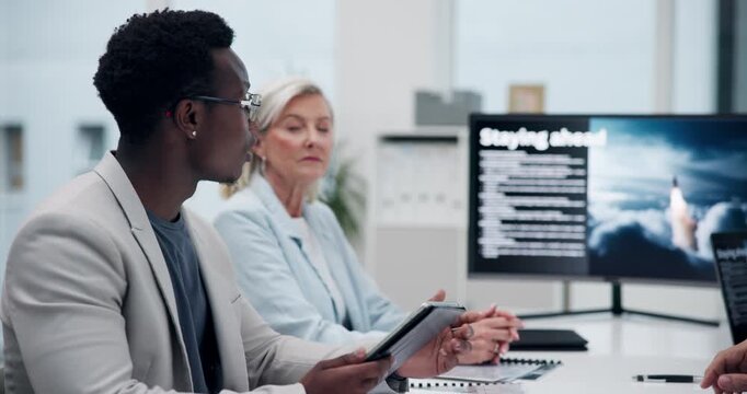 Business people, meeting and teamwork on computer screen for science, technology and innovation in rocket design. Engineering expert and b2b investors listening to digital presentation of satellite